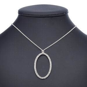 Necklace, glass rhinestone with imitation rhodium-finished steel and "pewter" (zinc-based alloy), clear, 57x34mm open oval, 18 inches with 2-inch extender chain and lobster claw clasp. Sold individually.