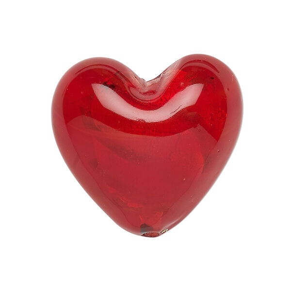 Bead, lampworked glass, red with silver-colored foil, 28x28mm puffed heart. Sold individually. image number 0