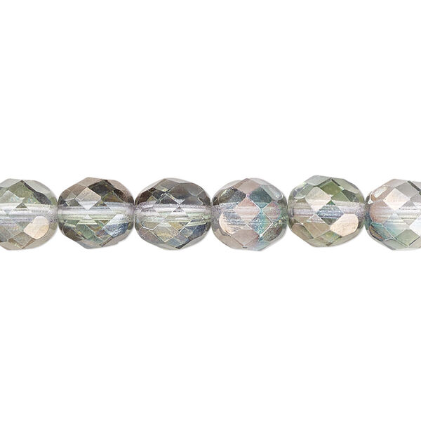 Bead, Czech fire-polished glass, green and grey luster, 8mm faceted round. Sold per 15-1/2" to 16" strand. image number 0