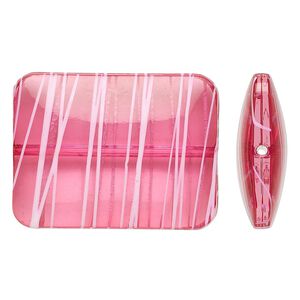 Bead, acrylic, semitransparent fuchsia and white, 40x30mm puffed rectangle with painted line design. Sold per pkg of 12.