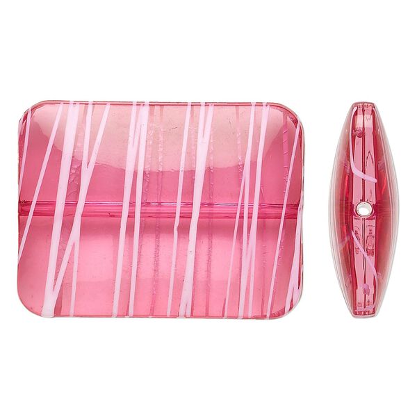 Bead, acrylic, semitransparent fuchsia and white, 40x30mm puffed rectangle with painted line design. Sold per pkg of 12. image number 0