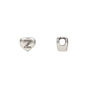 Bead, sterling silver, 7.5x7mm heart with alphabet letter "Z." Sold individually.