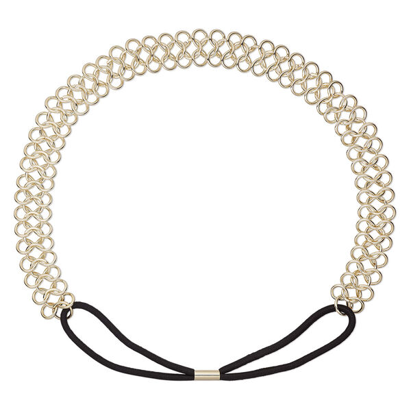 Headband, stretch, nylon / rubber / gold-finished steel, black, 20mm wide with link design, 20 inches. Sold individually. image number 0