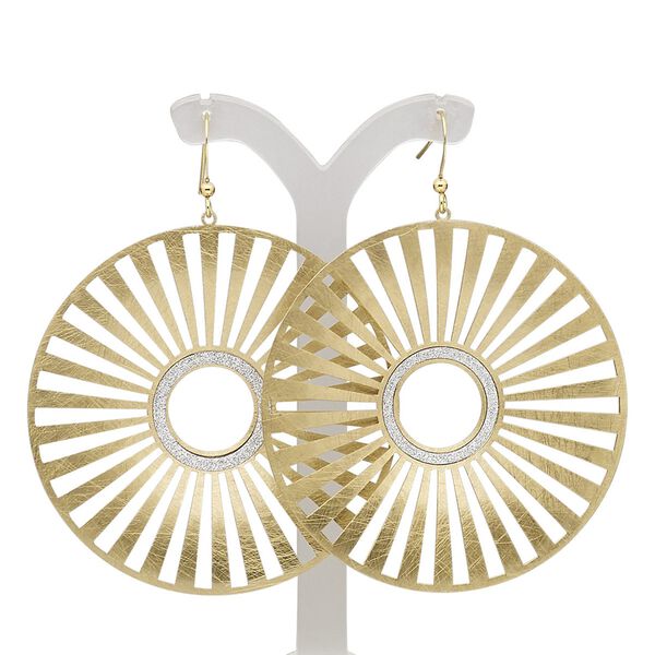 Earring, gold-finished brass, silver with glitter, 3 inches with scratched round donut and cutout design with fishhook ear wire. Sold per pair. image number 0