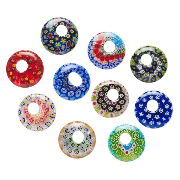 Component, millefiori glass, translucent multicolored, 18/21mm undrilled go-go with flower design. Sold per pkg of 10. image number 0