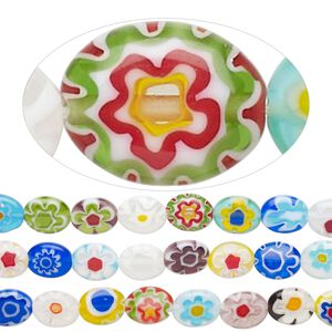 Bead mix, millefiori glass, translucent multicolored, 9x8mm puffed oval with flower design. Sold per pkg of (3) 14-inch strands.