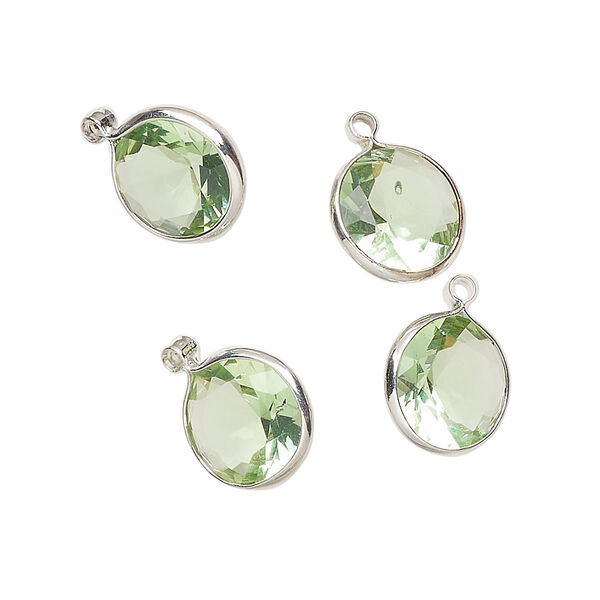 Drop, silver-finished brass, translucent peridot green, 10mm faceted round with open back. Sold per pkg of 4. image number 0