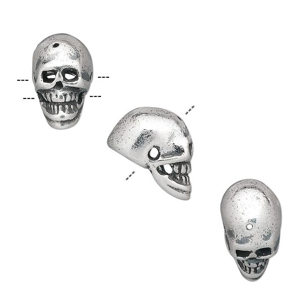 Bead, antiqued sterling silver, 13x7.5mm skull. Sold individually. image number 0