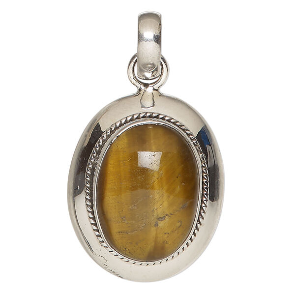 Pendant, tigereye (natural) and antiqued sterling silver, 30x24mm oval. Sold individually. image number 0