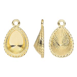 Drop, TierraCast®, Almost Instant Jewelry®, gold-plated pewter (tin-based alloy), 18x14mm teardrop with beaded edge and 14x10mm pear glue-in setting (4320). Sold per pkg of 2.