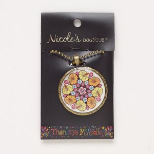 Necklace, resin / antique brass-finished "pewter" (zinc-based alloy) / steel, multicolored, 36mm round with hibiscus and flowers design and glitter, 23 inches with lobster claw clasp. Sold individually.