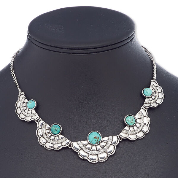 Necklace, magnesite (dyed / stabilized) with antique silver-plated steel and "pewter" (zinc-based alloy), turquoise blue, 29x19mm-40x27mm graduated fan, 16 inches with 2-inch extender chain and lobster claw clasp. Sold individually. image number 0
