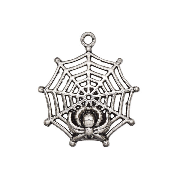 Charm, antique silver-plated "pewter" (zinc-based alloy), 27x27mm single-sided spider web with spider. Sold per pkg of 4. image number 0