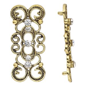 Spacer, antique gold-finished "pewter" (zinc-based alloy) and Czech glass rhinestone, clear, 39x16mm 2-strand fancy rectangle. Sold per pkg of 4.
