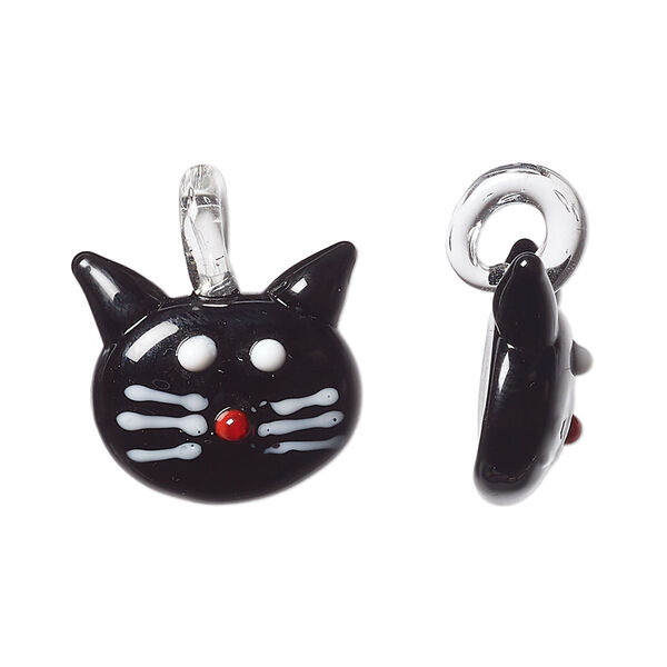 Drop, lampworked glass, black / white / red, 20x15mm single-sided cat. Sold individually. image number 0