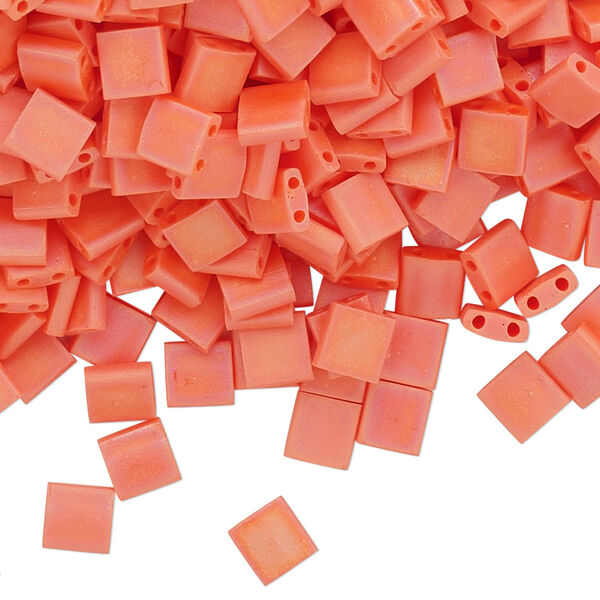 Seed bead, TILA®, glass, pkg/250g, 5mm full tila square, opaque matte rainbow orange, (TL-406FR). image number 0