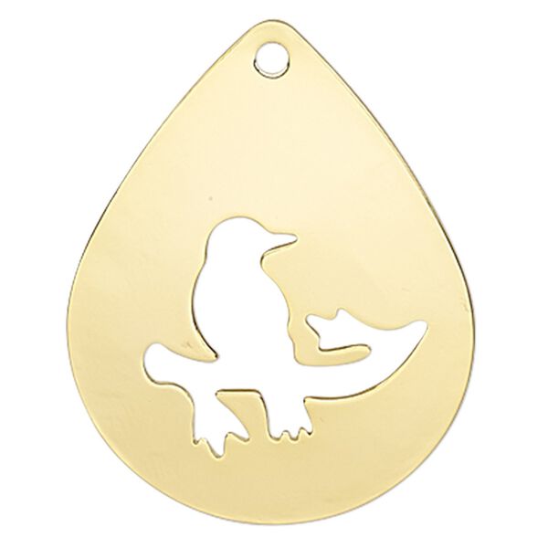 Focal, gold-finished steel, 32x25mm two-sided domed teardrop with cutout bird on a branch. Sold per pkg of 2. image number 0