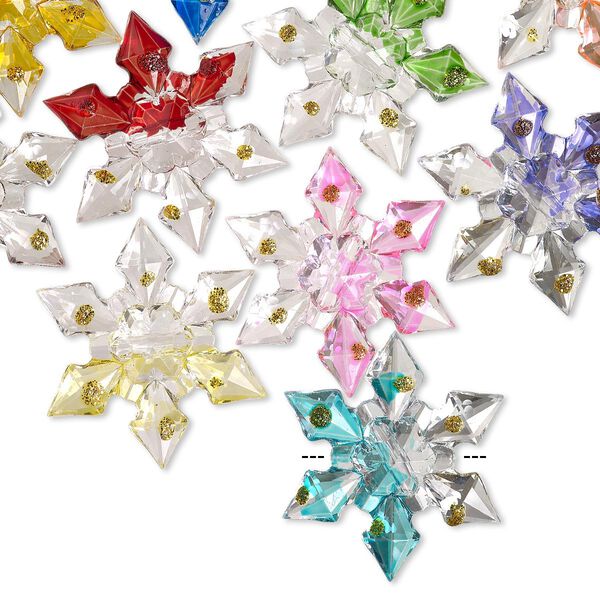Button, acrylic, clear/white/multicolored with gold-colored glitter, 45x45mm single-sided snowflake with painted dots. Sold per pkg of 12. image number 0