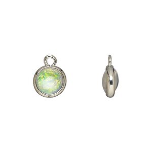 Drop, Opalized Ice™, "opal" (resin) and imitation rhodium-finished brass, opaque white, 9.5mm double-sided round. Sold per pkg of 6.