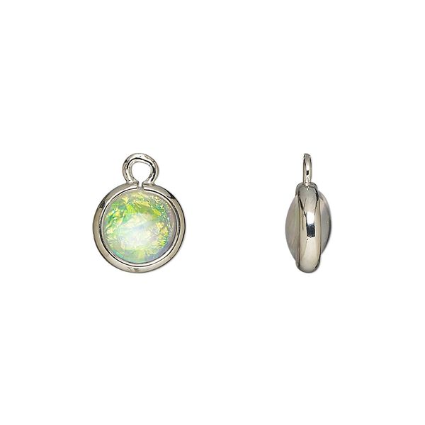 Drop, Opalized Ice™, "opal" (resin) and imitation rhodium-finished brass, opaque white, 9.5mm double-sided round. Sold per pkg of 6. image number 0