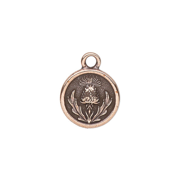 Charm, TierraCast®, antique copper-plated pewter (tin-based alloy), 14.5mm round with thistle design. Sold per pkg of 2. image number 0