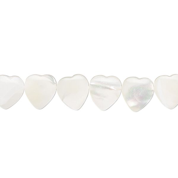 Bead, mother-of-pearl shell (bleached), white, 10mm puffed hand-cut heart, Mohs hardness 3-1/2. Sold per 15-1/2" to 16" strand. image number 0