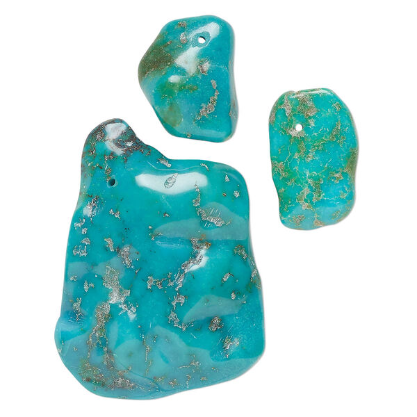 Focal mix, turquoise (dyed / stabilized), green, 18x12mm-52x28mm freeform, Mohs hardness 5 to 6. Sold per 3-piece set. image number 0