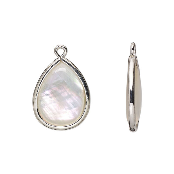 Drop, mother-of-pearl shell and imitation rhodium-finished brass (assembled), 18.5x13.5mm-20x15mm double-sided teardrop. Sold per pkg of 4. image number 0