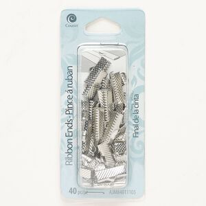 Ribbon crimp end mix, steel, pkg/40, silver finish, 6mm and 16x6mm textured rectangle.