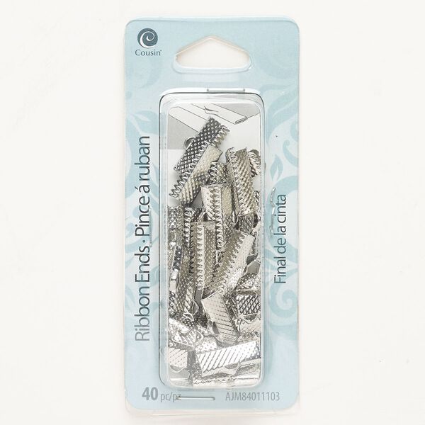 Ribbon crimp end mix, steel, pkg/40, silver finish, 6mm and 16x6mm textured rectangle. image number 0