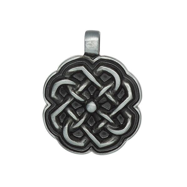 Pendant, enamel and "pewter" (zinc-based alloy), black, 29x23mm single-sided Celtic knot. Sold individually. image number 0