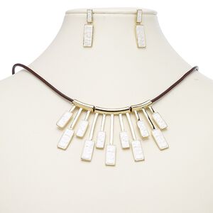 Necklace and earring set, leather (dyed) / enamel / gold-finished steel / "pewter" (zinc-based alloy), brown and white, geometric fan, 15" to 16" necklace with 2-inch extender chain and lobster claw clasp, 31.5mm earrings with post. Sold per set.