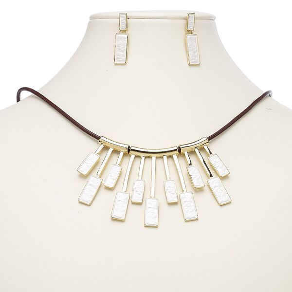 Necklace and earring set, leather (dyed) / enamel / gold-finished steel / "pewter" (zinc-based alloy), brown and white, geometric fan, 15" to 16" necklace with 2-inch extender chain and lobster claw clasp, 31.5mm earrings with post. Sold per set. image number 0