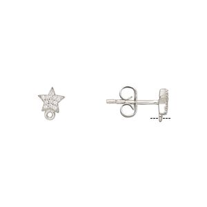 Earstud 1pkg2 rhodium-plated sterling silver / cubic zirconia, 6x5.5mm star / closed loop / earnuts, clear 1 pair
