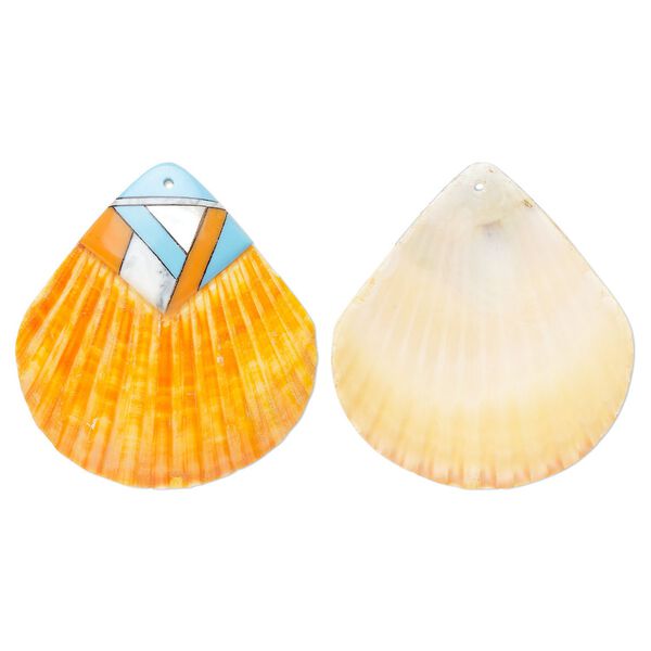 Focal, sea scallop shell / multi-shell / resin (dyed/assembled), orange / turquoise blue / multicolored, 53x50mm, Mohs hardness 3-1/2. Sold individually. image number 0