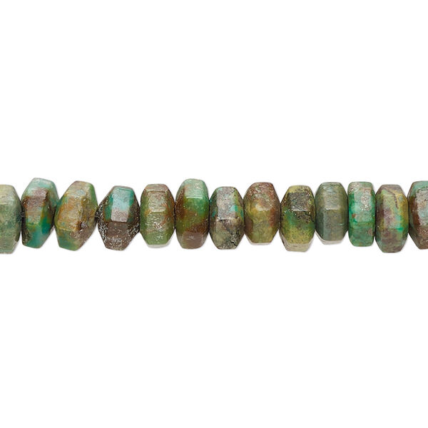 Bead, turquoise (dyed / stabilized), green-brown, 7x3mm-7x5mm hexagon rondelle with 0.8-1.1mm hole, C- grade, Mohs hardness 5 to 6. Sold per 15-1/2" to 16" strand. image number 0