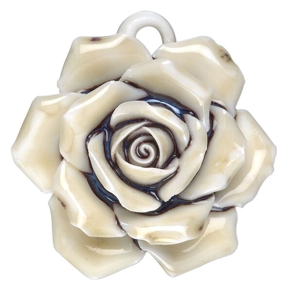 Focal, porcelain, light yellow / dark blue / opaque white, 38x38mm-43x43mm single-sided rose with partially hidden loop. Sold individually. image number 0