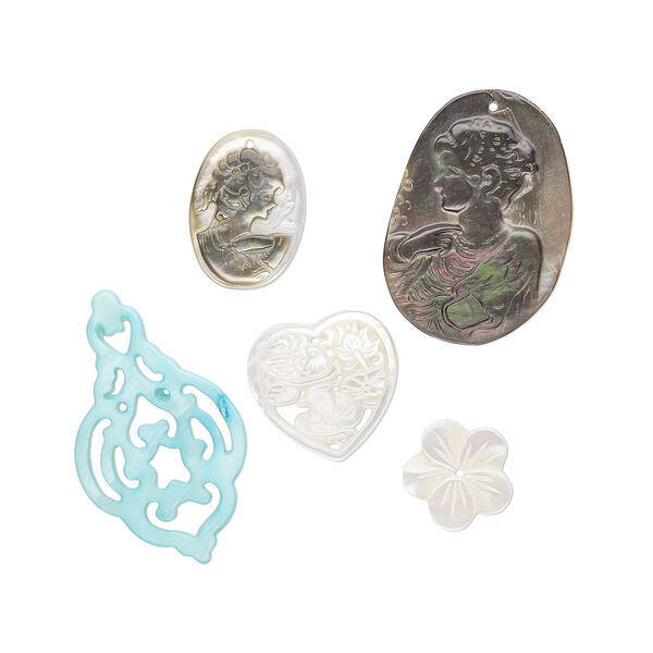 Drop mix, black lip shell / gold lip shell / mother-of-pearl shell (natural / bleached / dyed), mixed colors, 19x11mm-48x46mm mixed shape, Mohs hardness 3-1/2. Sold per pkg of 5. image number 0