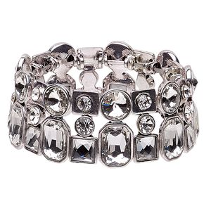 Bracelet, stretch, glass rhinestone and imitation rhodium-plated "pewter" (zinc-based alloy), clear, 29mm wide, 7-1/2 inches. Sold individually.