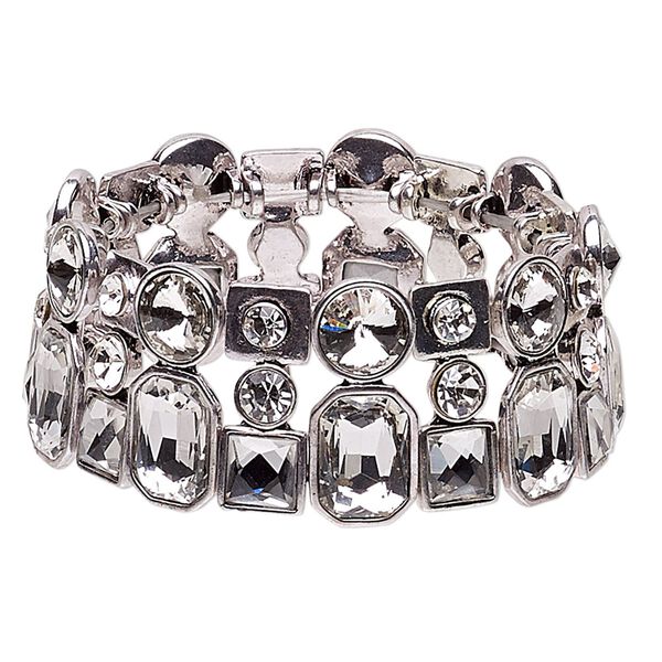 Bracelet, stretch, glass rhinestone and imitation rhodium-plated "pewter" (zinc-based alloy), clear, 29mm wide, 7-1/2 inches. Sold individually. image number 0