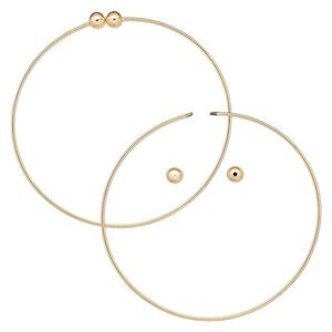 Bracelet, bangle, gold-plated brass, 1.5mm wide round with (2) 6mm twist-off bead ends, 9 inches. Sold per pkg of 10.