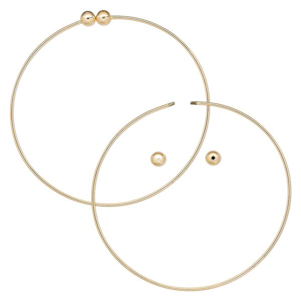 Bracelet, bangle, gold-plated brass, 1.5mm wide round with (2) 6mm twist-off bead ends, 9 inches. Sold per pkg of 10. image number 0