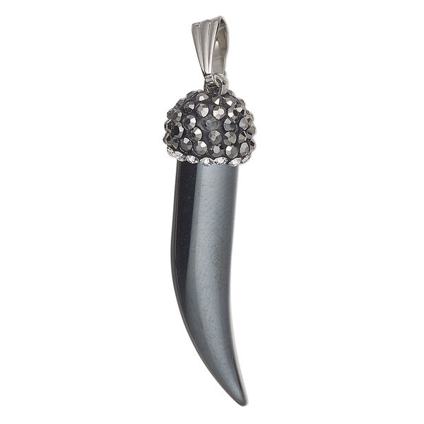 Pendant Hemalyke™ brass glass epoxy 1pk 37x11mm 3D talon, Everyday Jewelry silver finish clear black image number 0
