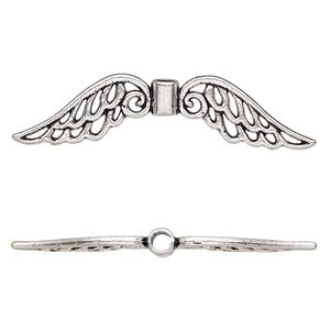 Bead, antique silver-plated "pewter" (zinc-based alloy), 53x13mm double-sided angel wing with cutout. Sold per pkg of 4.