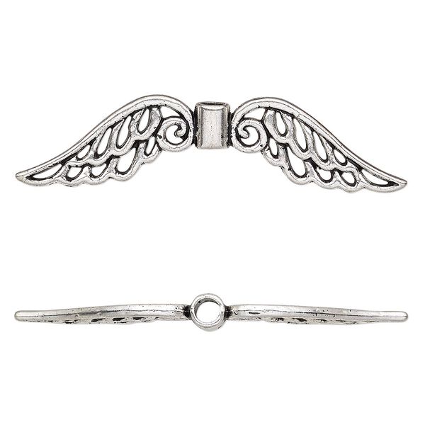 Bead, antique silver-plated "pewter" (zinc-based alloy), 53x13mm double-sided angel wing with cutout. Sold per pkg of 4. image number 0