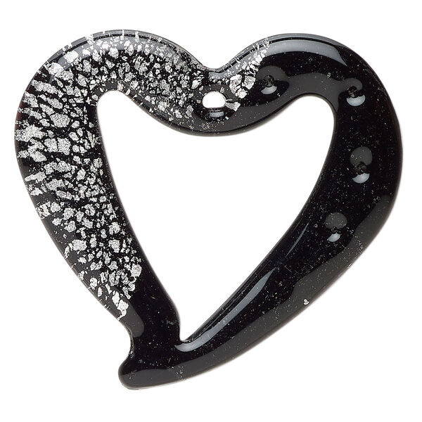 Focal, lampworked glass, opaque black, 47x43mm-48x44mm flat-sided open heart with 3 dimples and silver-colored foil. Sold individually. image number 0