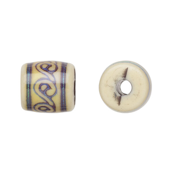 Bead, acrylic, opaque multicolored, 14x13.5mm color-changing round tube with scroll design, 3.5mm hole. Sold per pkg of 2. image number 0