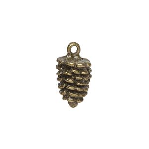 Charm, antique brass-finished "pewter" (zinc-based alloy), 16x10mm 3D pinecone. Sold per pkg of 4.