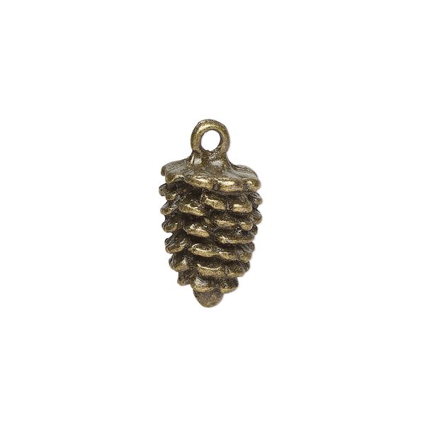 Charm, antique brass-finished "pewter" (zinc-based alloy), 16x10mm 3D pinecone. Sold per pkg of 4. image number 0