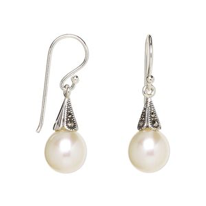 Earring, Signity® marcasite (natural) / cultured freshwater pearl / antiqued sterling silver, mauve, 31x8.5mm with 8x5mm cone and 10x8.5mm teardrop with fishhook ear wire. Sold per pair.